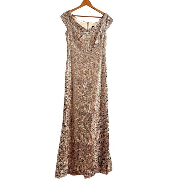 BHLDN Tadashi Shoji Odette Dress 8 Champagne Lace Sequin Gown Embroidered Formal - Picture 3 of 16